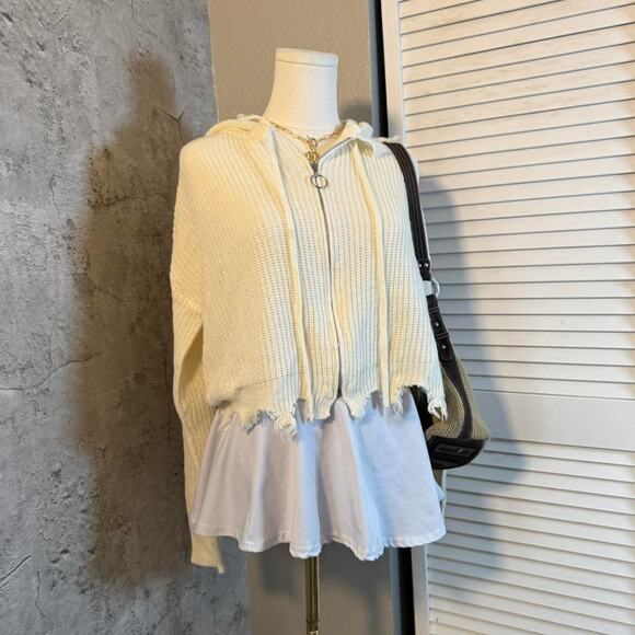 Cream Full Circle Trends Distressed Cream Knit Zip Up Hoodie - Picture 2 of 6